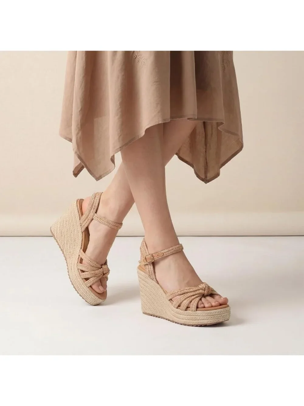 Women's Brown Raffia Espadrille Platform Wedge Sandal Open Toe Ankle Strap Heels
